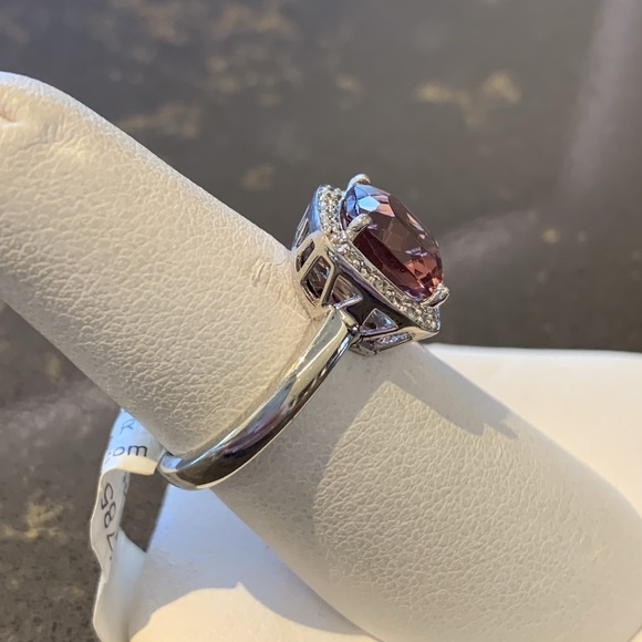 Sterling Silver Synthetic Pink Quartz & Diamond Halo Ring - Picture 3 of 4